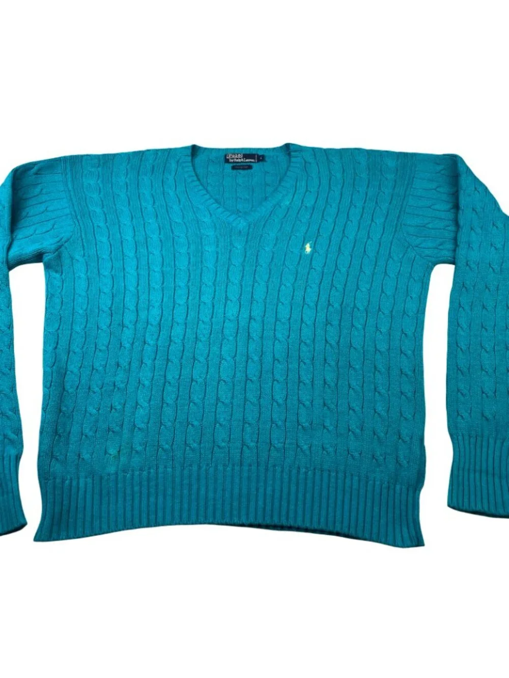 VTG Polo Ralph Lauren Men's 100% Cotton Cable-Knit V-Neck Sweater Teal • Large